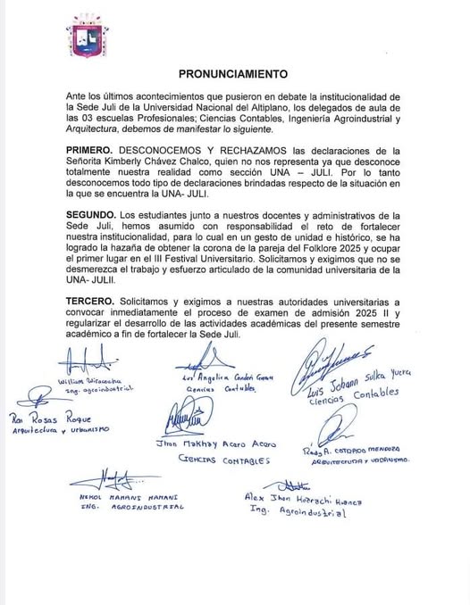 UNA PUNO FILIAL CHUCUITO JULI, EMITE PRONUNCIAMIENTO.